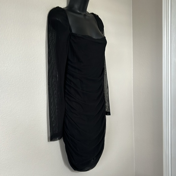 Princess Polly Charvi Black Mesh Long Sleeve Square Neck Ruched Mini Dress - Picture 7 of 11